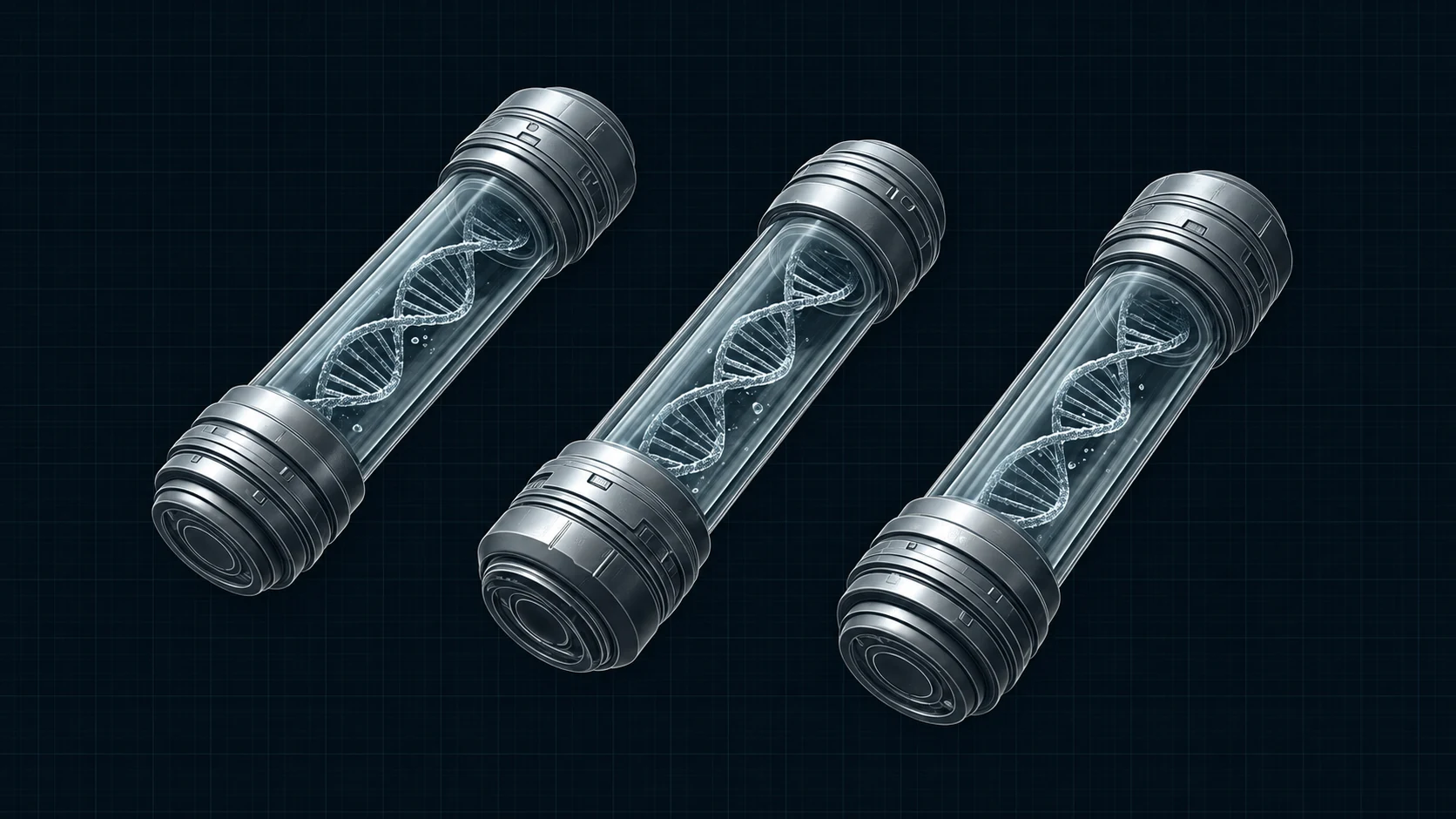Three conceptual glass and metal genome-storage capsules containing stylized DNA helices.