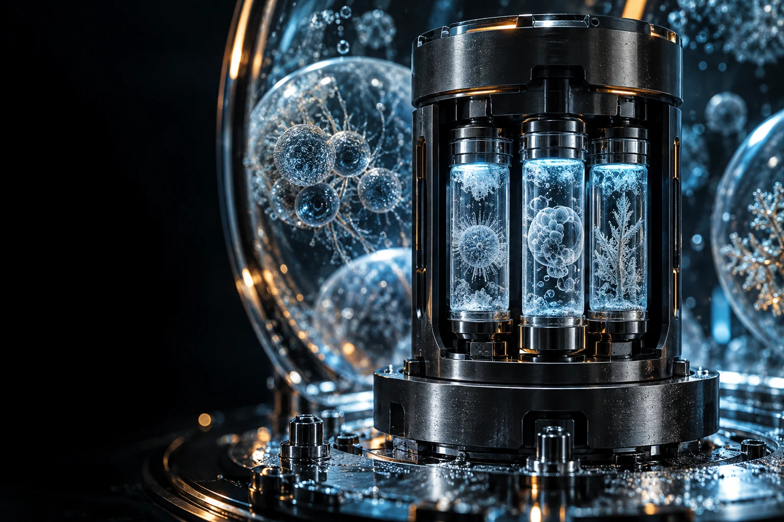 Concept artwork of sealed specimen vials in a futuristic storage cartridge