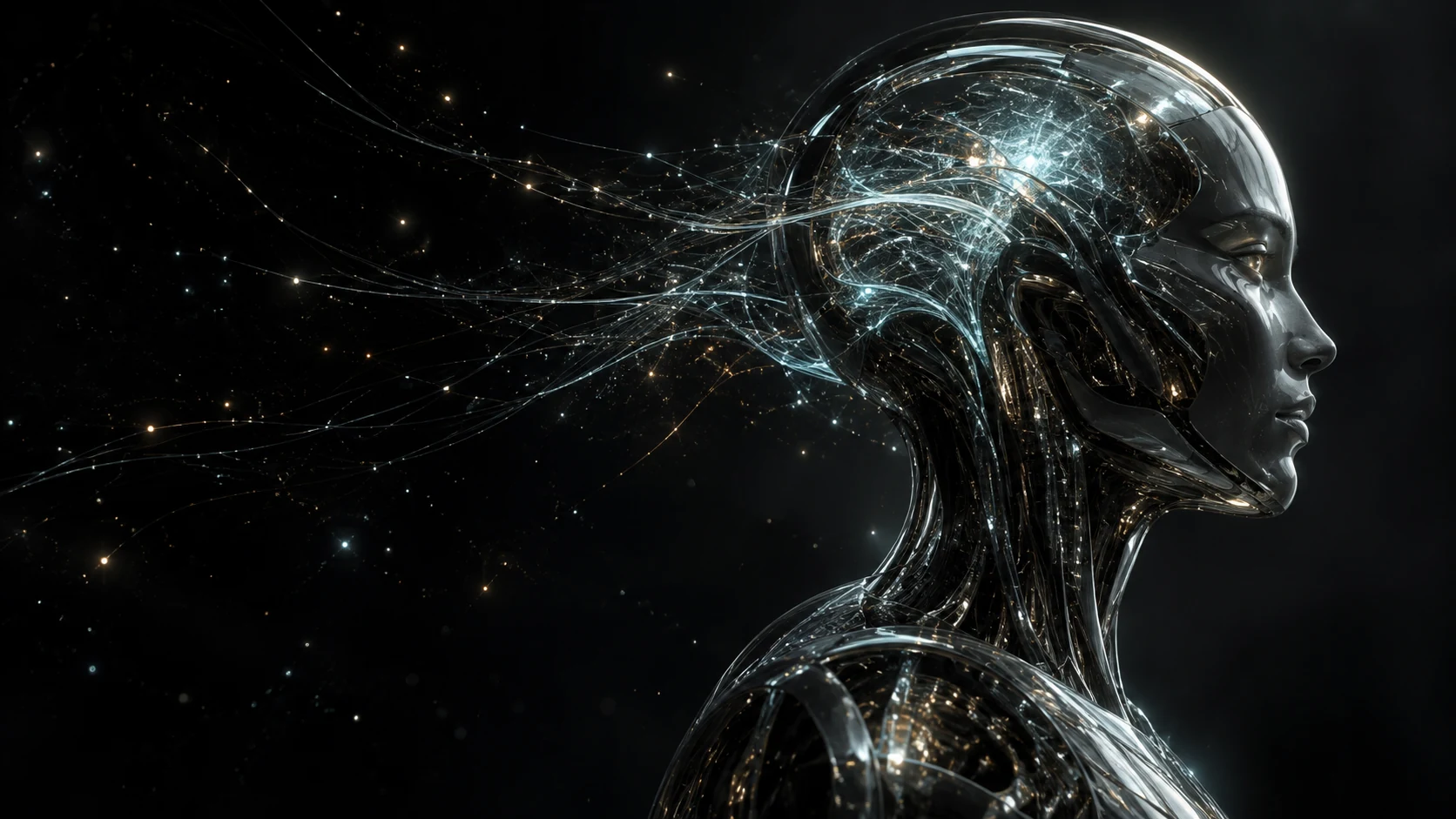 Concept artwork of a synthetic humanoid profile with illuminated optical connections