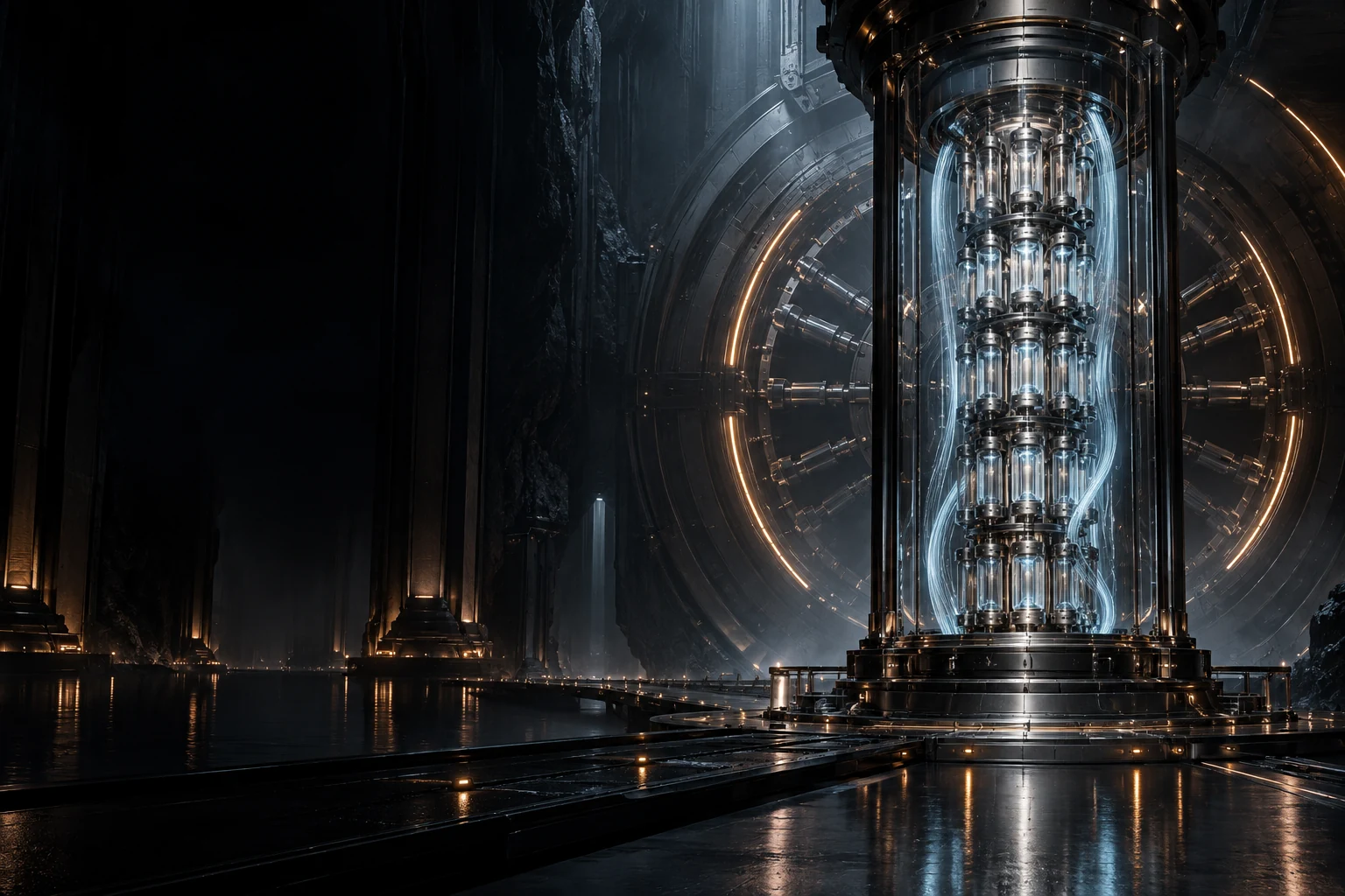 Concept artwork of a monumental archive vault with a central specimen chamber