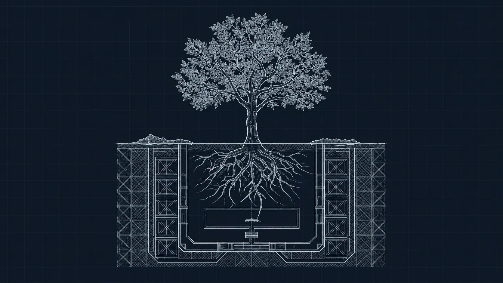 Conceptual tree and root system above a simplified underground memorial chamber.
