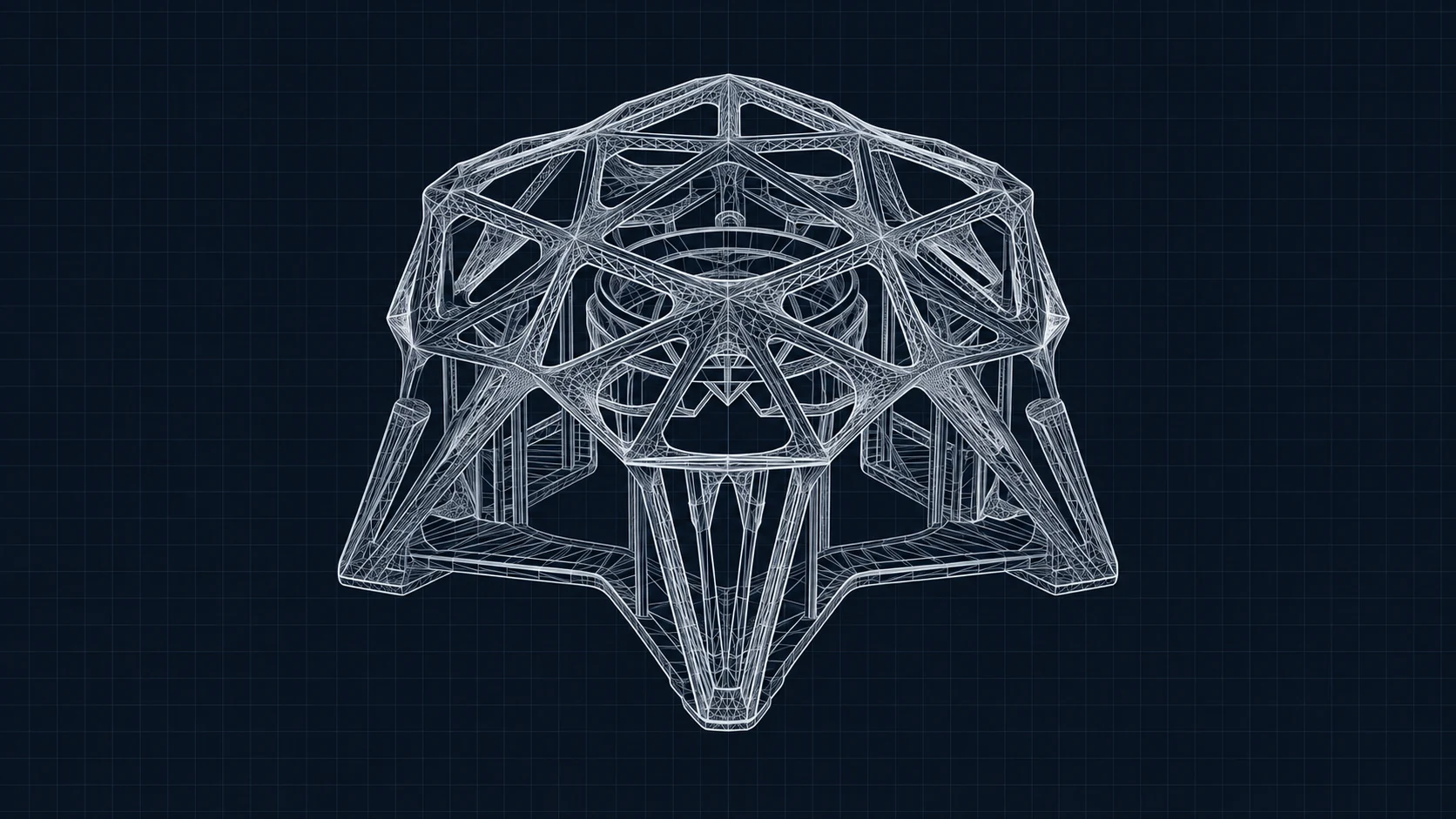 Conceptual porous geometric reef structure drawn in pale linework.